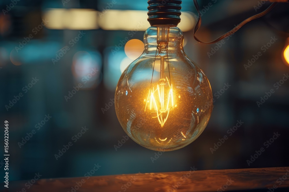Poster glowing tungsten filament light bulb hanging in a blurred background, creating a warm and inviting a