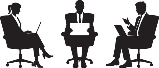 Business people silhouettes working at office desks with laptops vector illustration