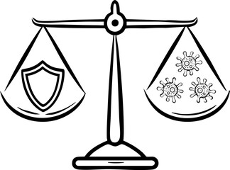 Immunotherapy concept balance scale illustration showing shield and virus symbol