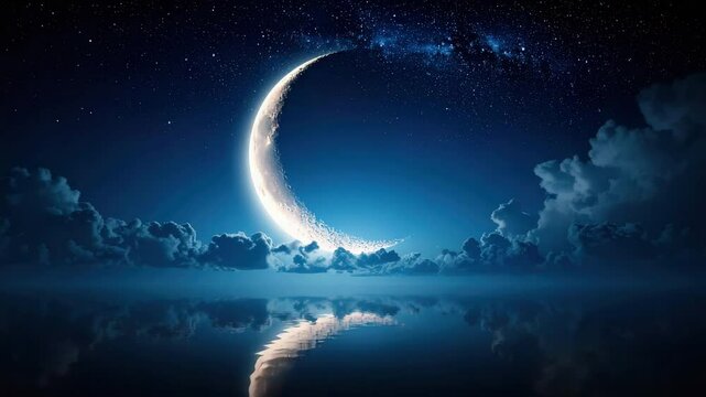 A serene crescent moon reflecting on the calm water surface. The night sky is clear and sprinkled with stars and clouds, evokes a sense of peace and beauty.