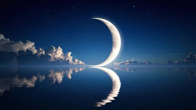 A mesmerizing, surreal night scene. A crescent moon hangs serenely above a calm body of water, perfectly mirroring its celestial glow, with subtle cloud formations adding depth to the dark.