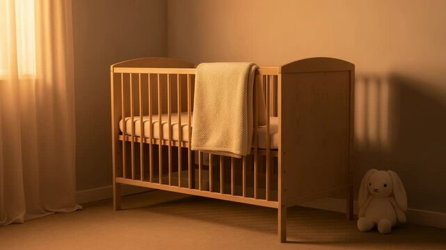 Empty crib with soft blanket and plush toy rabbit in warm nursery room.  Infant crib is made of light wood and features a simple design.  Adorable nursery setting for baby announcements or parenting 