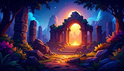 Enchanted Ruins: A Mystical Gateway at Sunset