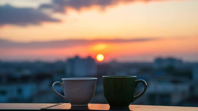 Two cups of coffee at sunrise, overlooking city skyline. Morning coffee ritual with two mugs, one white and one green, on balcony. Enjoying sunrise coffee moment, perfect for video production.
