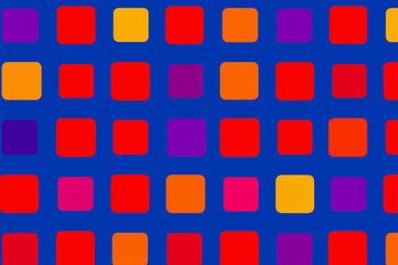 Bright blue background with a vibrant, playful grid pattern of multicolored rounded squares in warm hues of red, orange, and purple, creating a modern, graphic, and abstract design.
