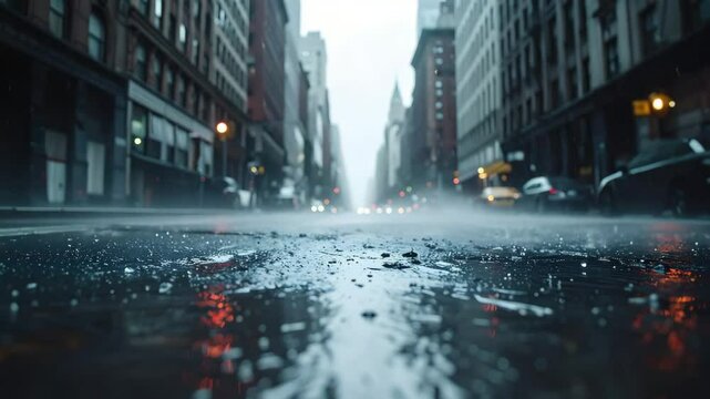 Rain-slicked city street. Urban scene of a rain-swept urban landscape, showcasing glistening asphalt, and blurred vehicle lights, reflecting a somber yet beautiful atmosphere.