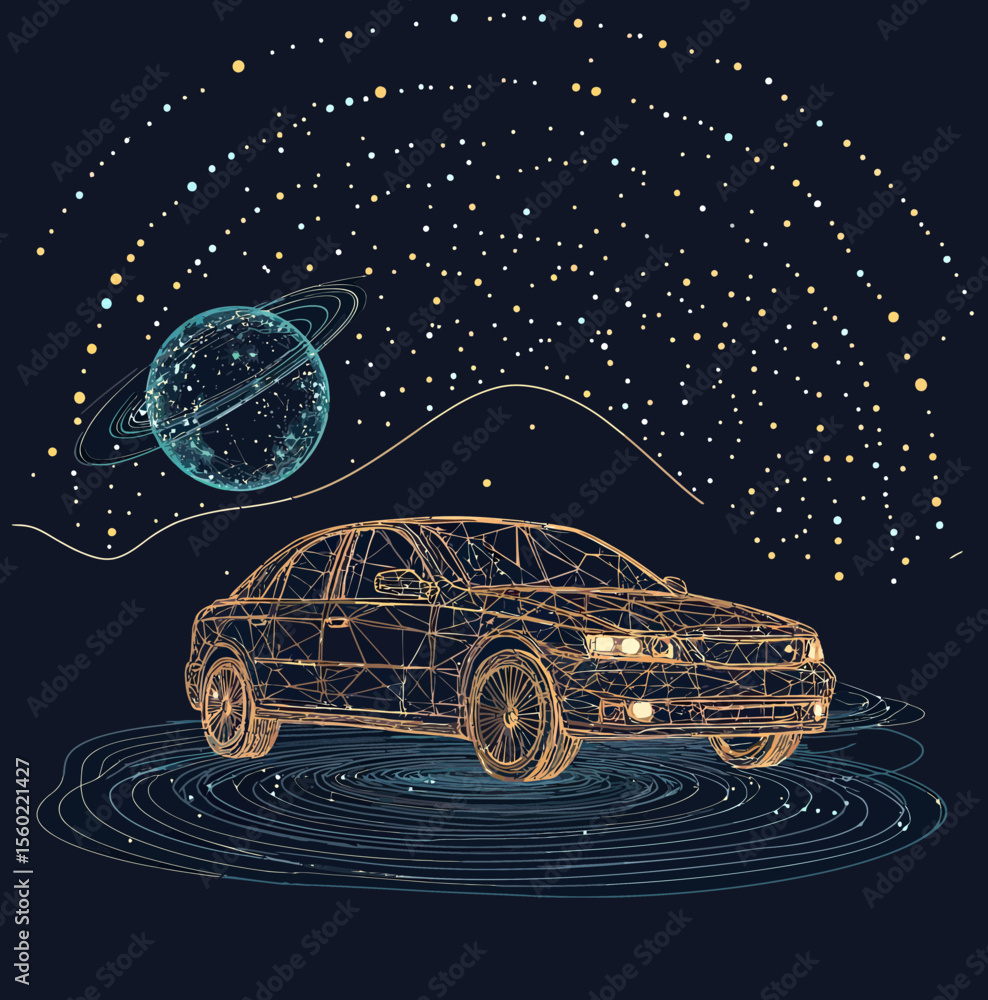 Poster futuristic wireframe sedan car surrounded by abstract circular patterns and starry space with planet