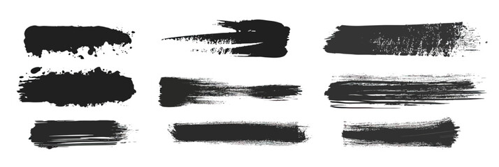 Set of eight black grunge brush stroke banners and textured paint stripes isolated on white background with distressed rough edges and varying paint density vector illustration
