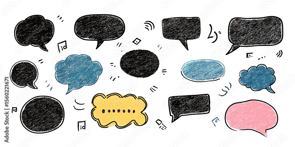 Poster hand drawn chalk style speech bubble set with colorful crayon texture in various shapes and doodle a