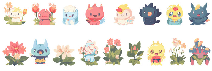 Mega set of cute chibi monster characters with flower and plant elements in flat minimalist colorful vector style for kids and gaming design collection