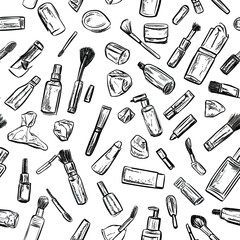 Obraz premium Seamless hand drawn black and white makeup cosmetic pattern with brushes tubes bottles and sponges doodle style beauty products illustration background wallpaper texture design