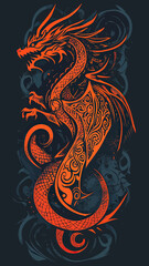 Intricate orange Celtic style dragon with tribal patterns and fierce expression in flat minimalist vector design on dark background