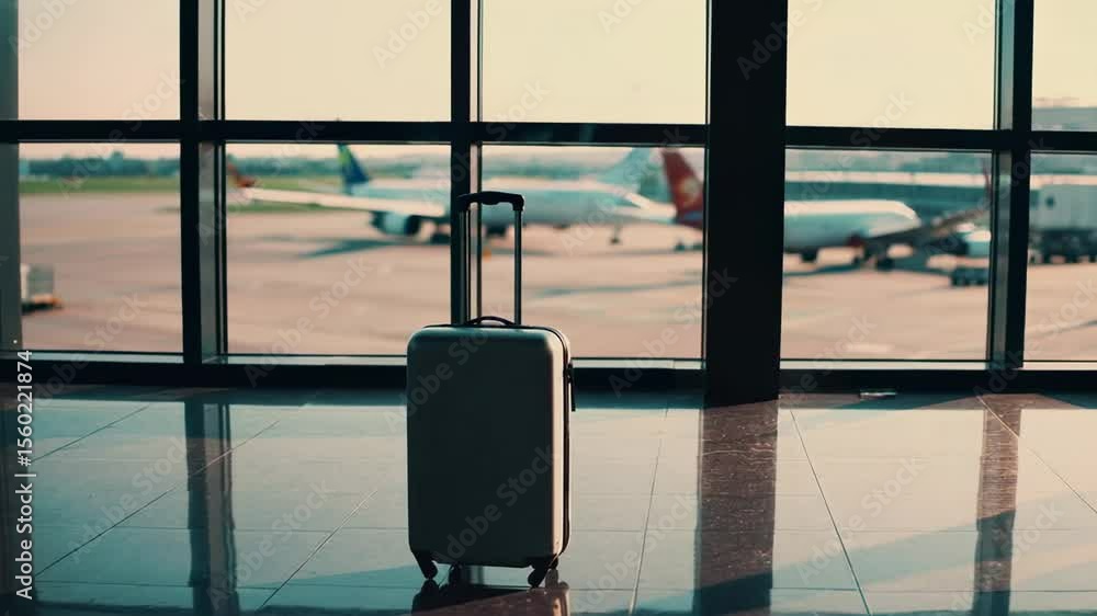 Poster gray suitcase stands alone in the airport terminal by the large window, with airplanes visible on th