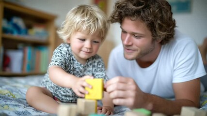 Father and young son playing with wooden eco-friendly toys in sunny nursery, bonding moment in sustainable living home environment.