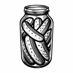 Jar of Pickled Cucumbers in Black and White Illustration for Food Blogs, Culinary Websites, Recipe Cards, Home Canning Guides, and Vintage Kitchen Decor  