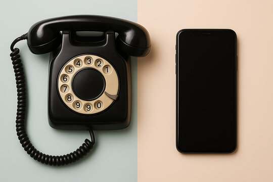 Old rotary dial telephone versus modern smartphone technology communication comparison concept image