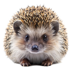 Obraz premium Close-up portrait of a small European hedgehog with spiky brown and white quills and dark eyes isolated on a transparent background