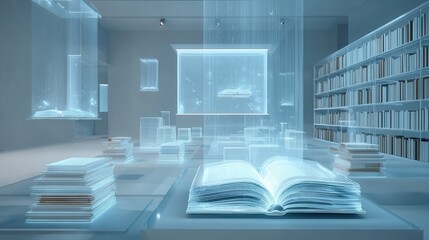 Virtual classroom interface with futuristic holograms, books floating in augmented space, no people, minimalist design.
