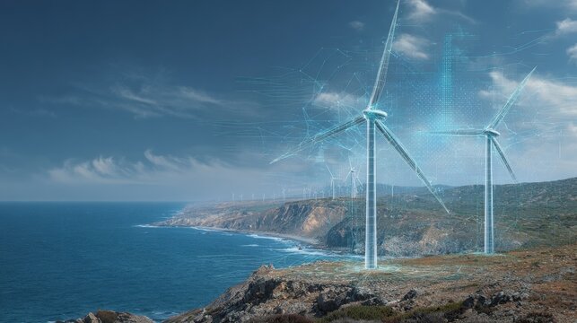 Wind turbines on a coastal cliff with digital AI data overlay, blue sky, no people.