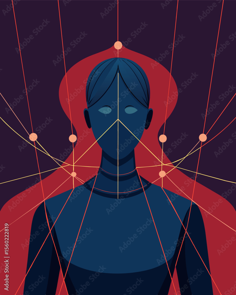 Poster a faceless figure their features obscured by the chaotic tangle of puppet strings that bind them.. v