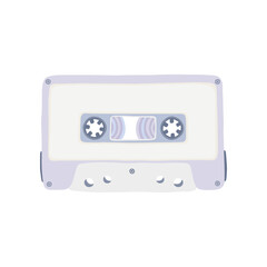 Illustration of an audio cassette tape with purple, lilac, violet colors and a cartoon cute flat design. Analog media for recording and listening to music.