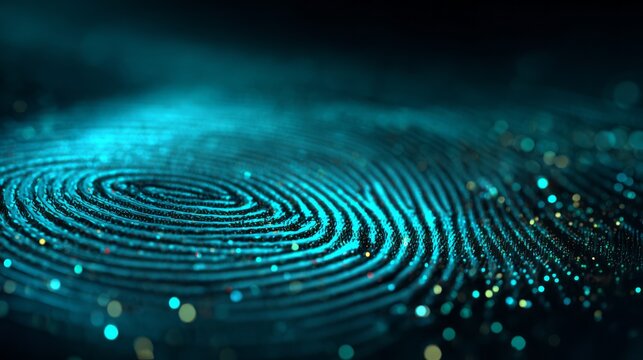 Turquoise fingerprint dark background, symbolizing digital identity, security, and biometric authentication in modern technology. biometric security and technological authentication