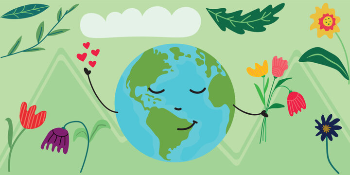 Earth Day love vector with smiling planet holding flowers, hearts and mountain background, eco-friendly illustration for awareness and care - Powered by Adobe