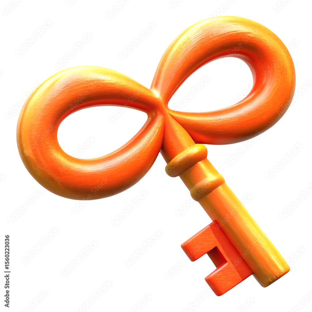Poster 3 d rendered orange key with infinity loop design and classic key shape on a black background isolat