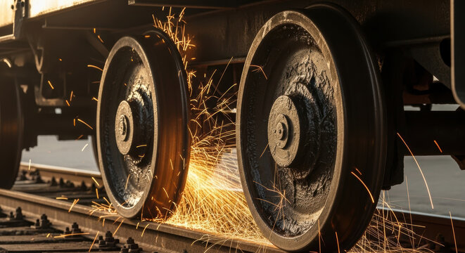 Metal train wheels grinding on railway track produce bright sparks while moving close up detail of heavy transportation machinery in motion during brake application or maintenance event - Powered by Adobe