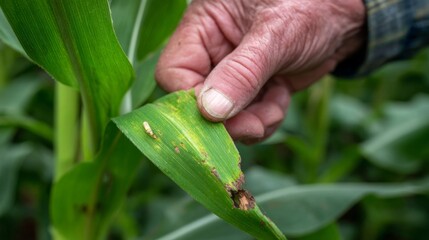 Agronomist closely examining damaged corn leaf with visible holes and discoloration caused by worm infestation in maize field, representing agricultural pest control, crop protection, farming issues