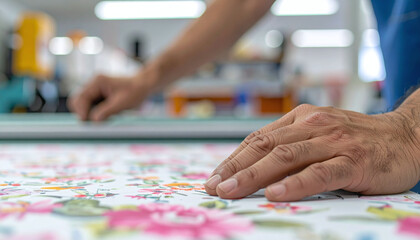 Fototapeta premium Close Up of Tailor’s Hands Cutting Floral Fabric in Textile Workshop for Precision Fabric Cutting for Curtains and Blinds Manufacturing