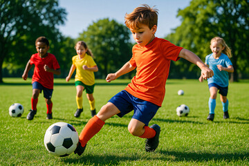 Energetic Kids Playing Soccer on a Green Field