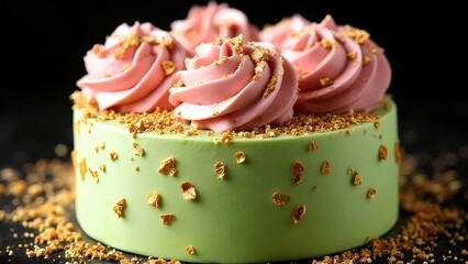 A beautifully decorated green cake with pink frosting swirls topped with golden crumbs against a dark background.