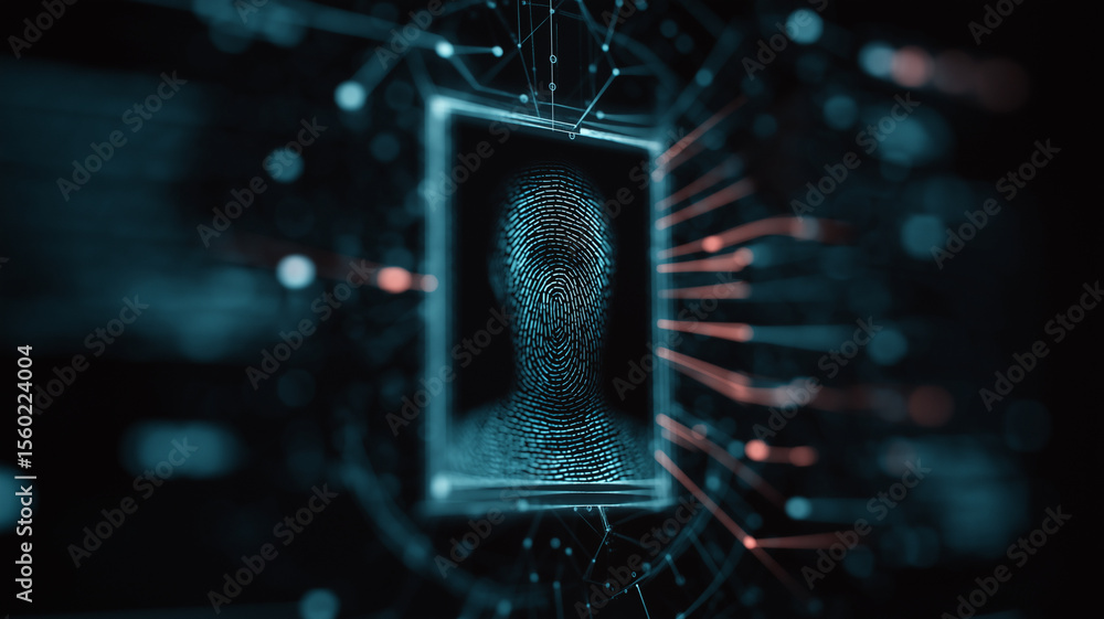 Aufkleber Digital fingerprint forms human face on futuristic interface, symbolizing digital privacy and security. glowing lines and nodes create network effect, emphasizing technology role