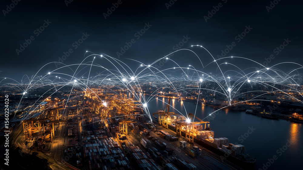 Aufkleber aerial view of bustling port night, illuminated by bright lights with digital network lines connecti
