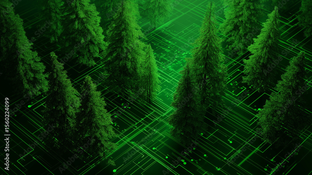 Aufkleber digital forest scene blends nature with technology, featuring lush green trees overlaid on circuit b