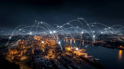 Aerial view of bustling port night, illuminated by bright lights with digital network lines connecting various points, symbolizing global supply chain network. scene conveys sense of connectivity