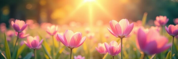 Obraz premium Abstract sunbeams illuminating a field of pastel flowers, soft focus , bokeh, spring background, outdoor