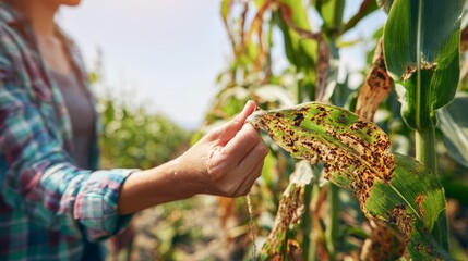 Agronomist closely examining damaged corn leaf with visible holes and discoloration caused by worm infestation in maize field, representing agricultural pest control, crop protection, farming issues
