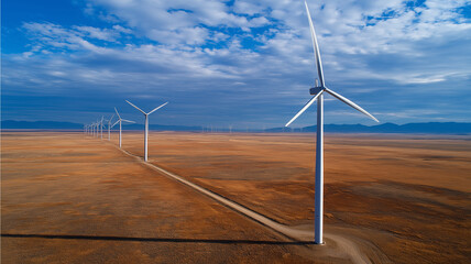 Wind turbines stand tall in vast, open field under blue sky, symbolizing renewable energy and sustainability. landscape is expansive, with sense of tranquility and innovation