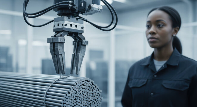 Focused female engineer supervises robotic arm sorting metal rods in advanced manufacturing facility, demonstrating precision automation and modern industrial technology
