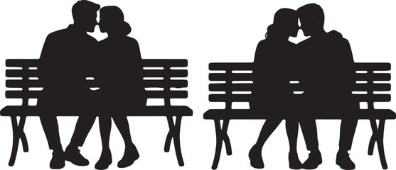 Man and woman silhouette couple sitting together on a bench or chair in black vector illustration