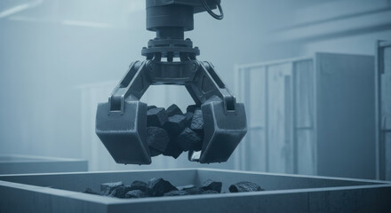 Automated robotic claw lifts coal rocks in modern industrial facility, demonstrating advanced material handling technology for efficient energy production and resource management