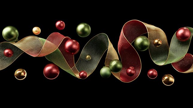 Red Green Gold Metallic Ribbons with Shiny Spheres on Black Background .