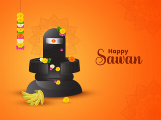 Happy Sawan Indian festival celebration background design with Lingam and flowers vector illustration.