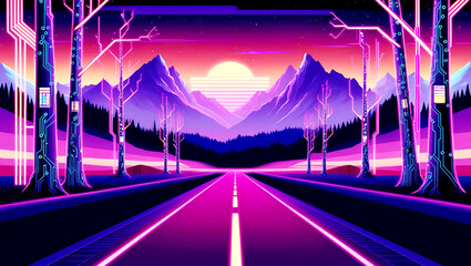 A-digital-artwork-depicting-a-retro-futuristic-night-landscape,-reminiscent-of-80s-and-90s-nostalgia,-with-a-warm,-vibrant-color-palette-evoking-a-sense-of-sunset-hues,-set-against