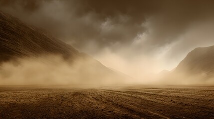 Fototapeta premium Panoramic desert canyon engulfed dust storm thick clouds of sand obscuring vision erosion patterns visible extreme arid weather event sepia toned sky background 