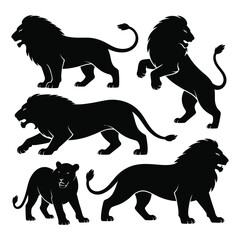 Collection of Majestic Lion Silhouettes in Various Poses on a White Background