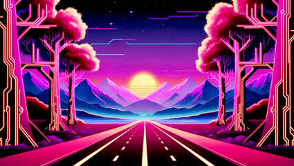 A-digital-artwork-depicting-a-retro-futuristic-night-landscape,-reminiscent-of-80s-and-90s-nostalgia,-with-a-warm,-vibrant-color-palette-evoking-a-sense-of-sunset-hues,-set-against