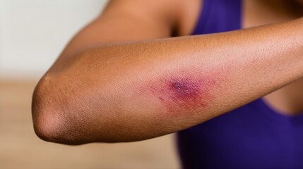 Close-up view of a large painful bruise on a female arm caused by domestic violence, symbolizing abuse, injury, pain, trauma, fear, suffering, helplessness, mental health issues, and gender violence